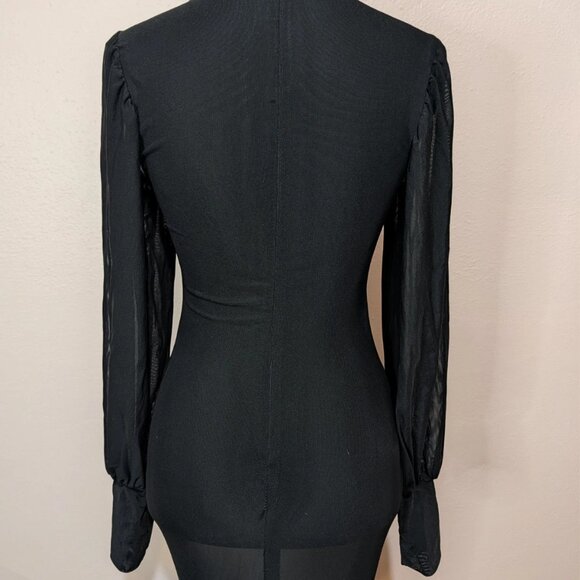 Black Sheer Mesh Maxi Dress Whimsigoth Mermaid Puddle Hem Mock Neck Gown M 6 - Picture 5 of 11